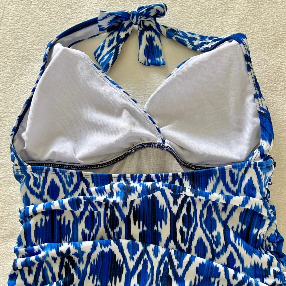 Lauren Ralph Lauren Tankini Top 6 Blue Ikat Ruched Swim Top Coastal Cruise Wear
